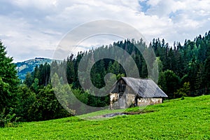 A barn on a hill in the Carpathians