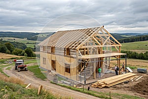 Barn house construction in rural countryside
