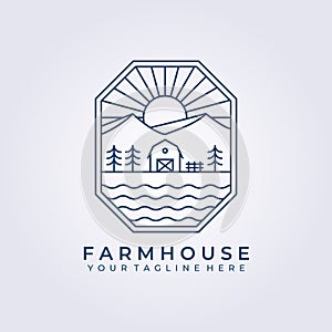 Barn house evergreen farm land logo vector icon line art simple illustration design frame logo badge emblem