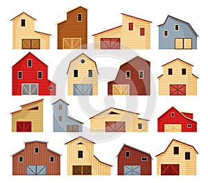 Barn icon set. Farmyard architecture buildings. Cartoon farm sheds. Wooden stables in rustic retro style. Vector