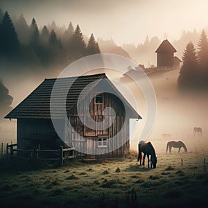 Barn on misty hillside, home to grazing horses