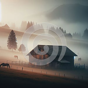 Barn on misty hillside, home to grazing horses