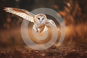 a barn owl flying through the air with its wings spread