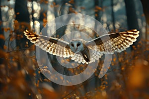 Barn Owl flying in forest.Generative Ai