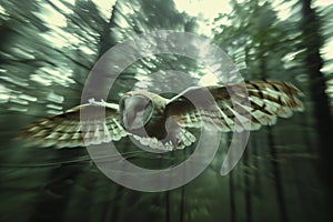 Barn Owl flying in forest.Generative Ai
