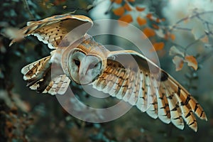 Barn Owl flying in forest.Generative Ai