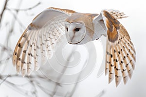 Barn Owl flying in forest.Generative Ai