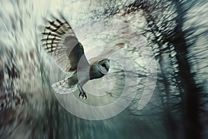 Barn Owl flying in forest.Generative Ai