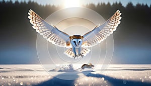 A Barn owl flying low after a snowfall hoping to catch a mouse AI Generated