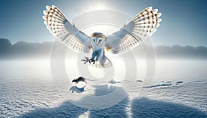 A Barn owl flying low after a snowfall about to catch a mouse AI Generated