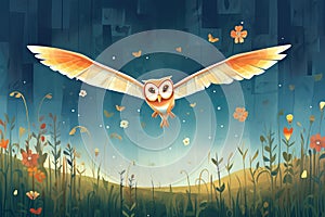 barn owl flying over a nighttime meadow