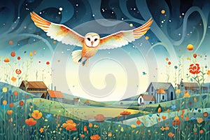 barn owl flying over a nighttime meadow