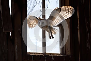 barn owl flying into a rustic barn window, viewed from inside