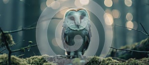 Barn Owl Perched on Mossy Branch