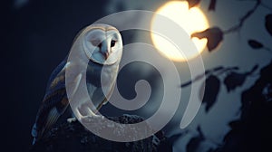 Barn Owl Perched on Rock at Night Under Full Moon
