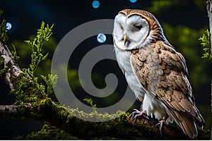 Barn Owl\'s Nocturnal Serenity: Perched on Gnarled Tree Branch, Feathers Ruffled by Gentle Breeze Under Moonlit Sky