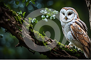 Barn Owl\'s Nocturnal Serenity: Perched on Gnarled Tree Branch, Feathers Ruffled by Gentle Breeze Under Moonlit Sky