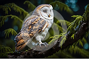 Barn Owl\'s Nocturnal Serenity: Perched on Gnarled Tree Branch, Feathers Ruffled by Gentle Breeze Under Moonlit Sky