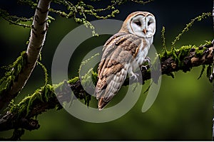 Barn Owl\'s Nocturnal Serenity: Perched on Gnarled Tree Branch, Feathers Ruffled by Gentle Breeze Under Moonlit Sky