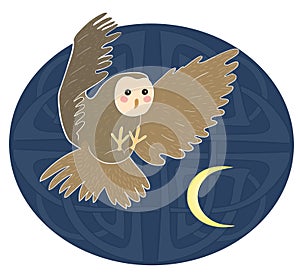 Barn Owl spread wings flying, crescent of the moon