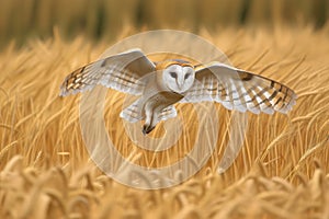 barn owl with spread wings, flying over golden wheat field