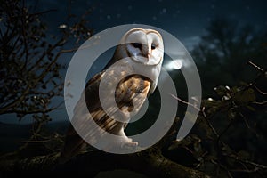Barn Owl (Tawny Owl) sitting on a branch at night