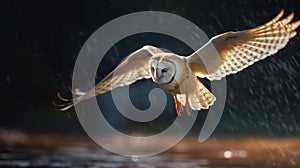Barn Owl (Tyto alba) flying in the rain
