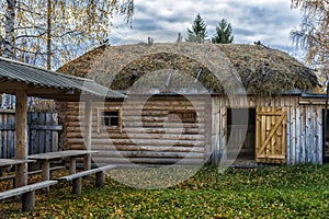 Barn with a roof covered branches