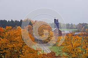 Barn and silo in autumn colors along country road, VT