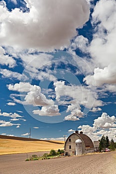 A barn with a silo in the Palouse region of Pullman, WA