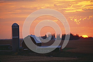 Barn and Silo at sunset, Rolling Hills, IA
