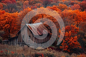A barn stands amidst a dense forest filled with trees displaying autumn colors, A rustic barn surrounded by a sea of orange and