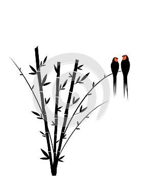 Barn swallow silhouette on branch, vector. Two birds silhouettes on bamboo tree isolated on white background. Minimalist art