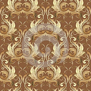 Barogue vintage gold 3d seamless pattern. Vector floral background. Surface golden flowers leaves, swirls, scrolls. Antique photo