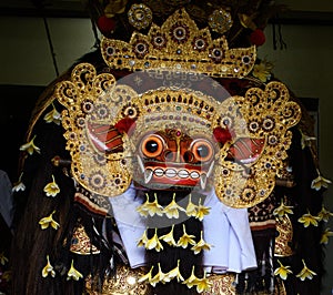 Barong head decorated with semi precious stones, lion like deity of balinese hindu tradition, Galungan celebratio, Bali, Indonesia