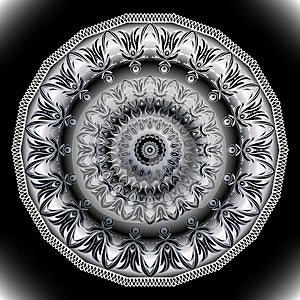 Baroque 3d mandala pattern. Vector floral background. Flourish wallpaper. Black silver scroll leaves, flowers and lace round