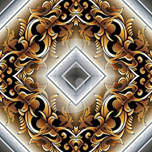 Baroque 3d seamless pattern. Modern vector damask background wallpaper with vintage gold flowers, scroll