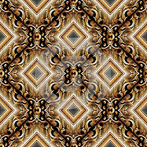 Baroque 3d seamless pattern. Modern vector damask background wallpaper with vintage gold flowers, scroll