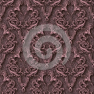 Baroque 3d seamless pattern. Textured surface pink background. Repeat grunge dotted backdrop. Luxury vintage 3d floral ornaments.