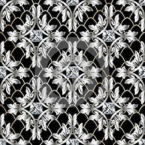 Baroque 3d vector seamless pattern. Vintage antique floral silver Damask ornament with ornate diamonds. Modern textured lace grid