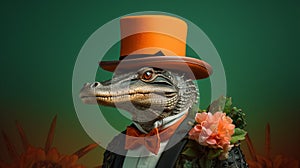 Baroque Alligator In Top Hat Poses Among Flowers