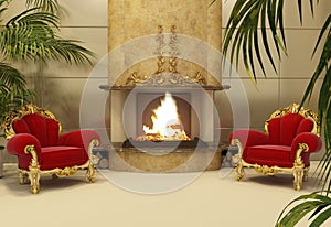 Baroque armchairs with fireplace in royal interior