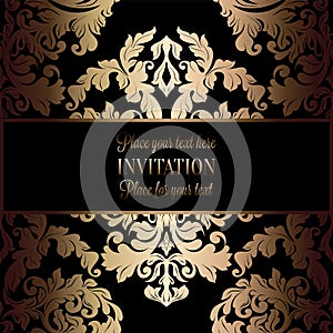 Baroque background with antique, luxury black and gold vintage frame, victorian banner, damask floral wallpaper ornaments