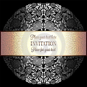 Baroque background with antique, luxury silver, black and gray vintage frame, victorian banner, damask floral wallpaper ornaments,