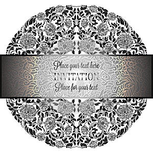 Baroque background with antique, luxury silver,black and gray vintage frame, victorian banner, damask floral wallpaper ornaments,