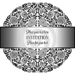 Baroque background with antique, luxury silver,black and gray vintage frame, victorian banner, damask floral wallpaper ornaments,