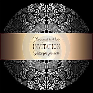 Baroque background with antique, luxury silver, black and gray vintage frame, victorian banner, damask floral wallpaper ornaments,