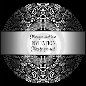 Baroque background with antique, luxury silver, black and gray vintage frame, victorian banner, damask floral wallpaper ornaments,