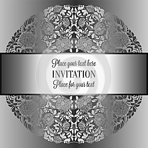 Baroque background with antique, luxury silver and gray vintage frame, victorian banner, damask floral wallpaper ornaments, invita