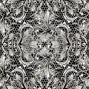 Baroque black and white floral vector seamless pattern. Ornamental textured lace background. Baroque Victorian style antique